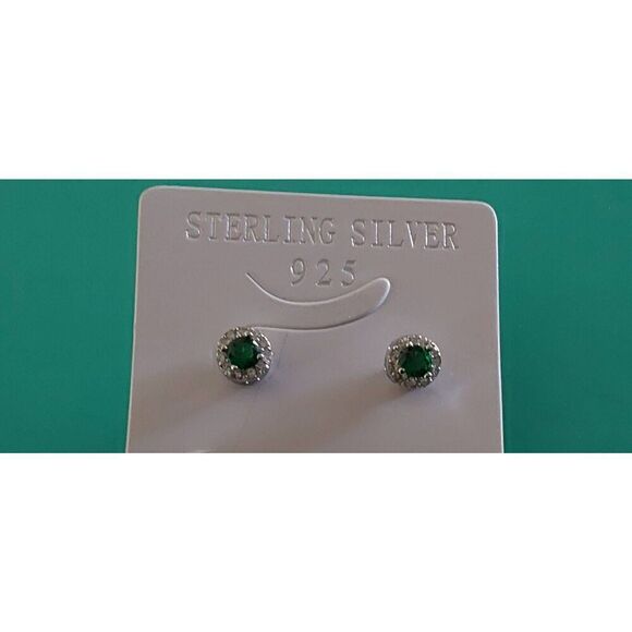 2 Ct. Emerald & White Sapphire Gemstone Halo Design Stud Earrings~.925 SS - Picture 1 of 2